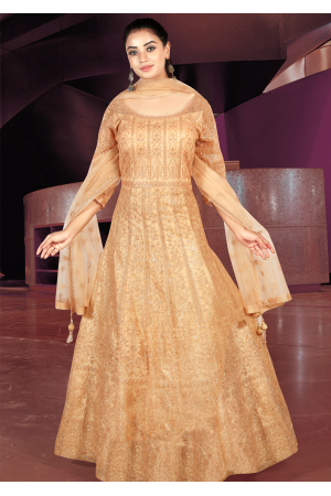 Gold Peach Color Art Silk Designer Gown